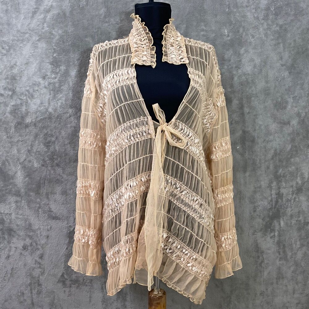 Lundstrom Chiffon Pleated ribbon sheer Tie Front Jacket XL coquette dainty fairy
